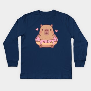 Cute Capybara With Pink Frosting Donut Kids Long Sleeve T-Shirt